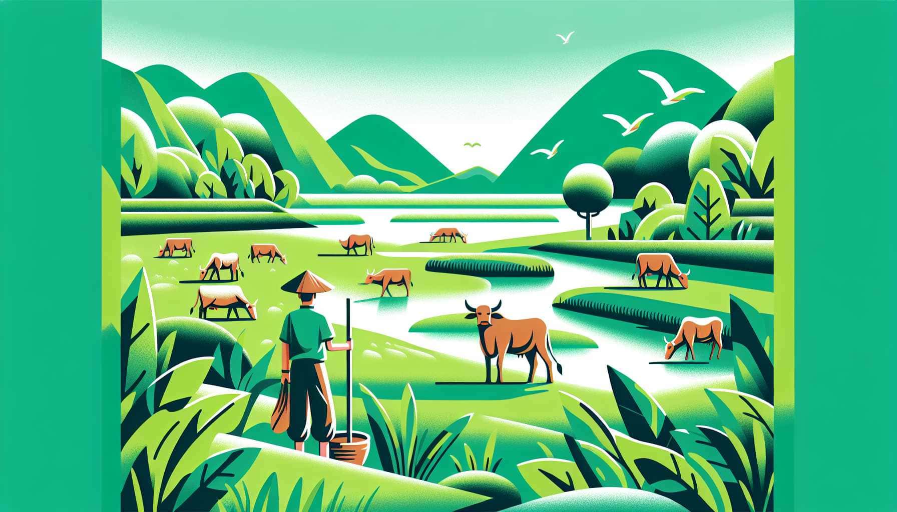Illustration of a person herding cows