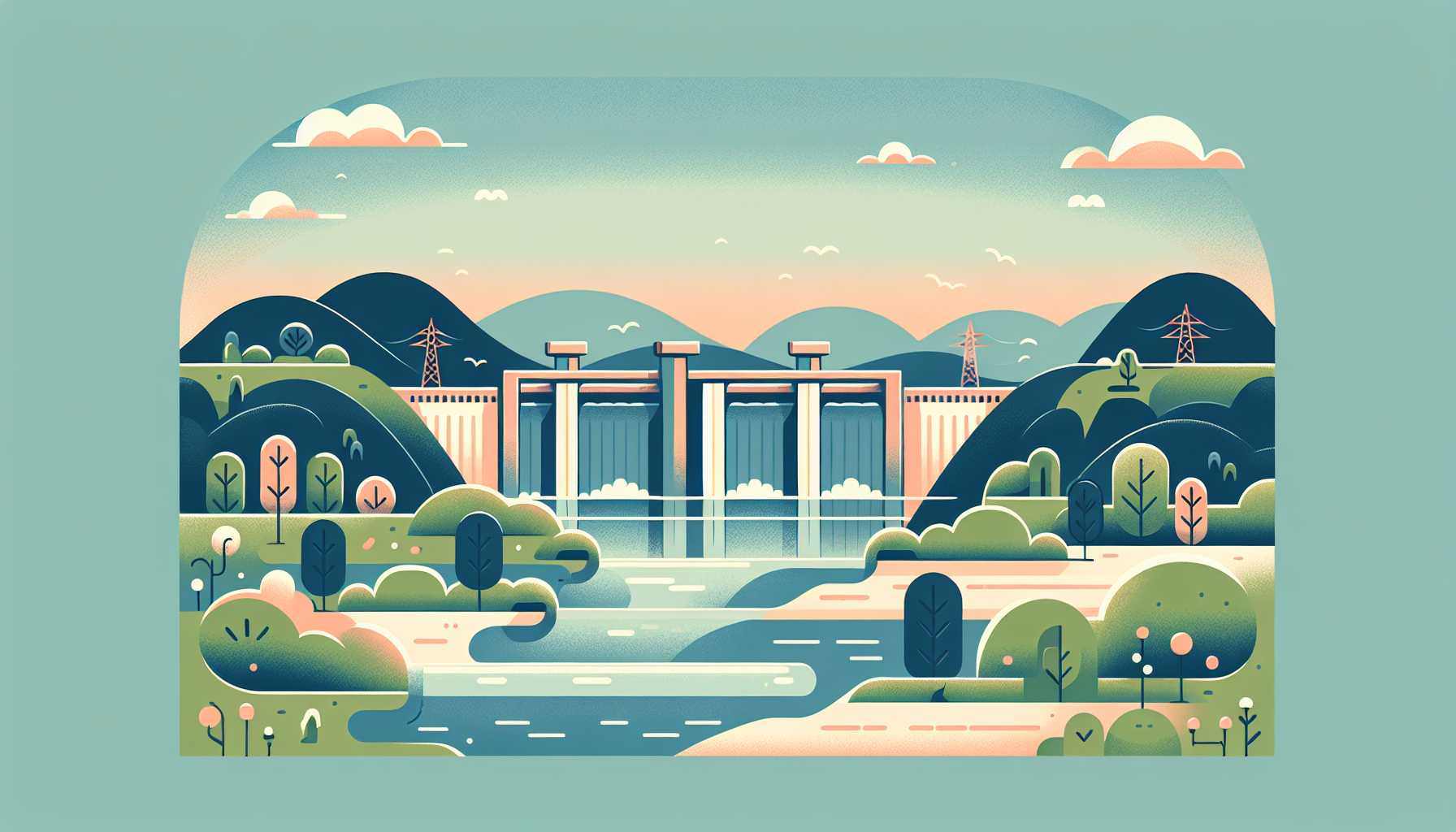 Illustration of a serene hydroelectric landscape