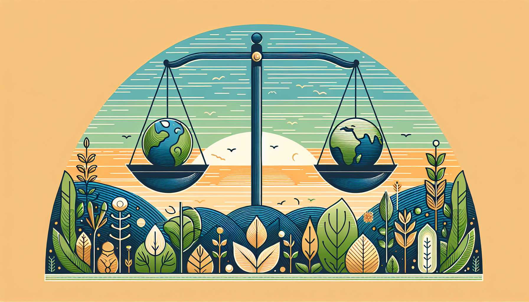 Illustration of balance scale with globe and leaf