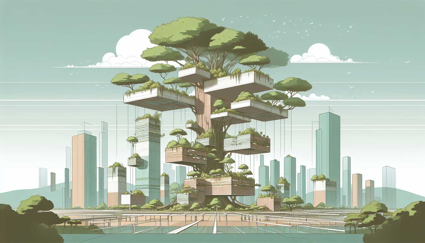 Illustration of futuristic buildings with trees