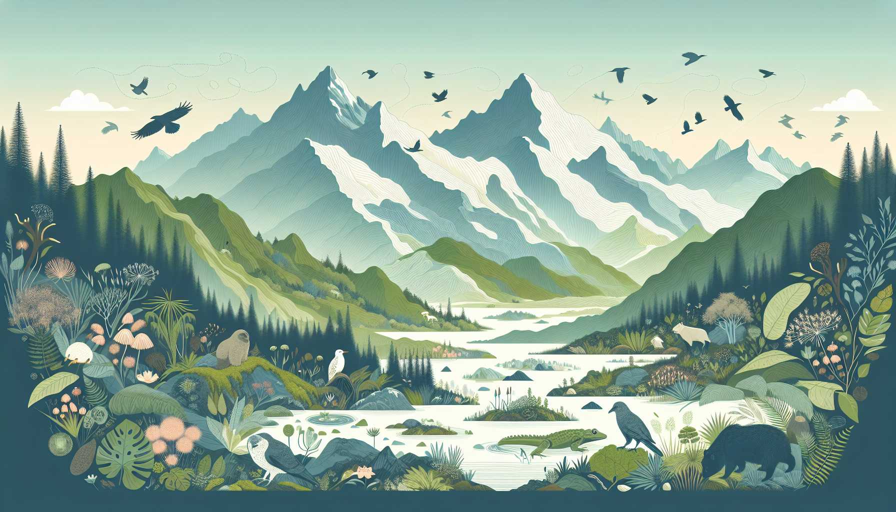 Illustration of vibrant mountain ecosystem