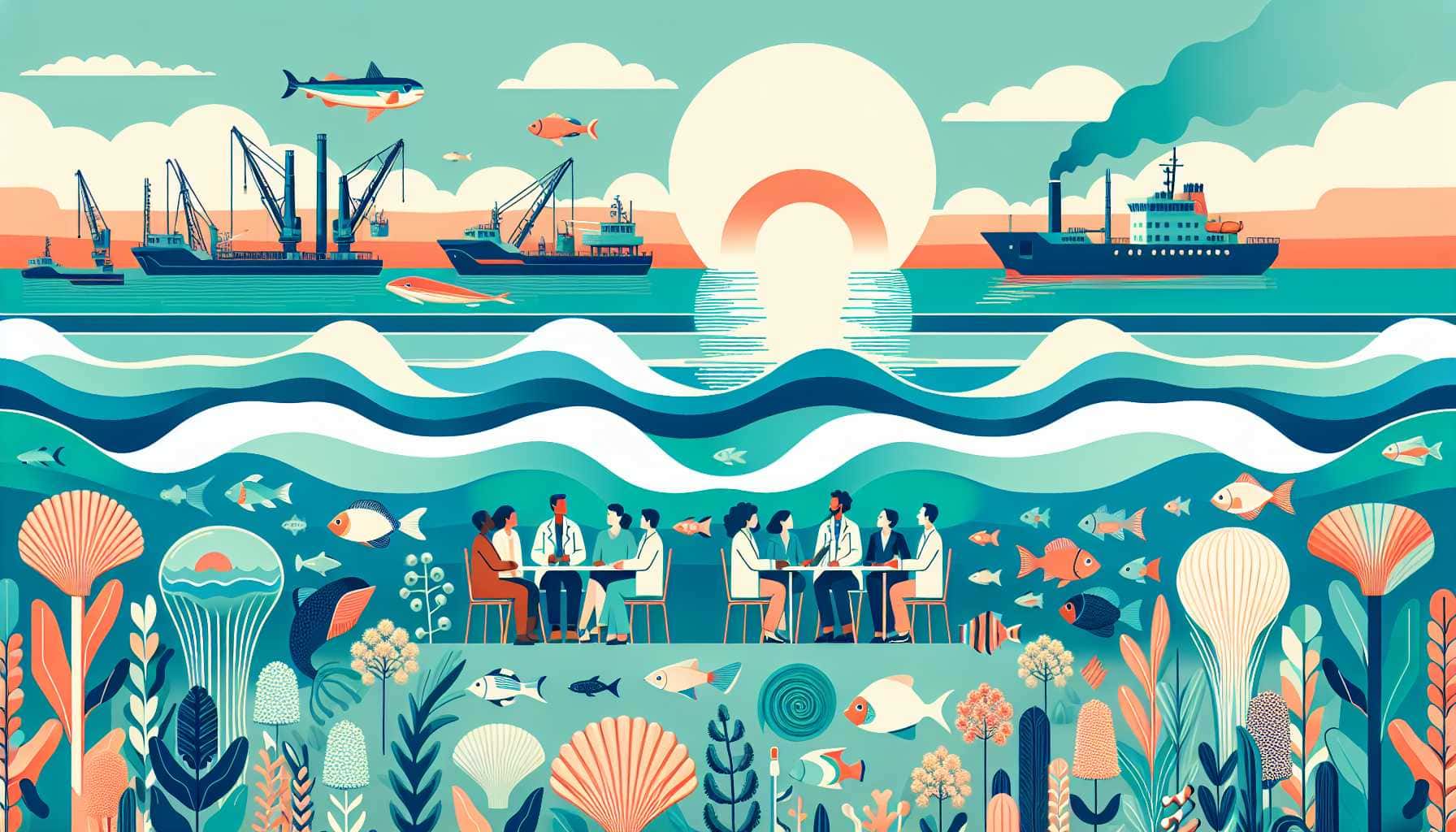 Illustration of ocean scene with scientists