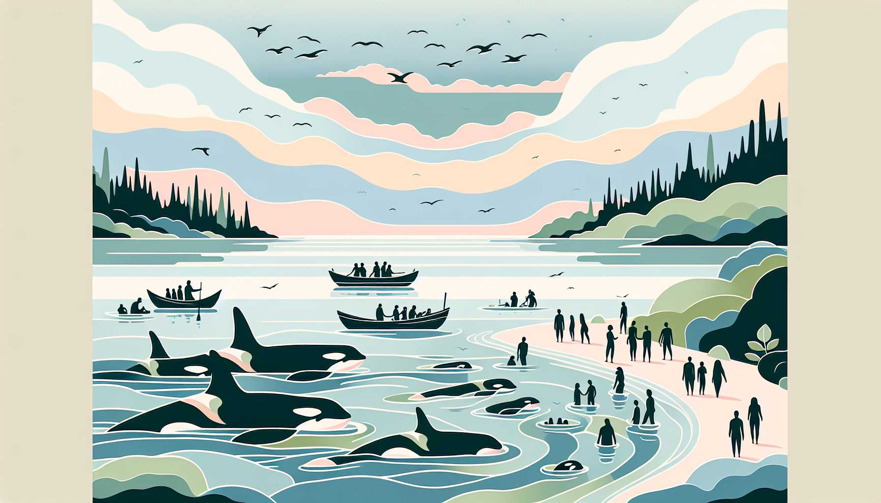 Illustration of orcas sharing food