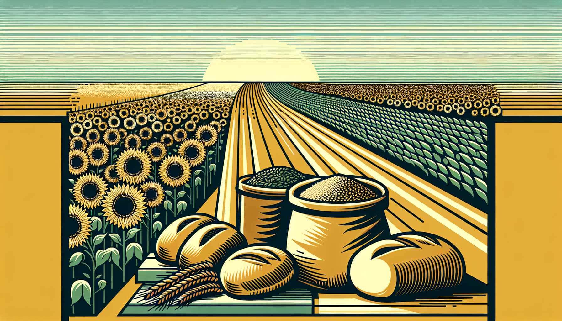 Illustration of sunflower field and flour