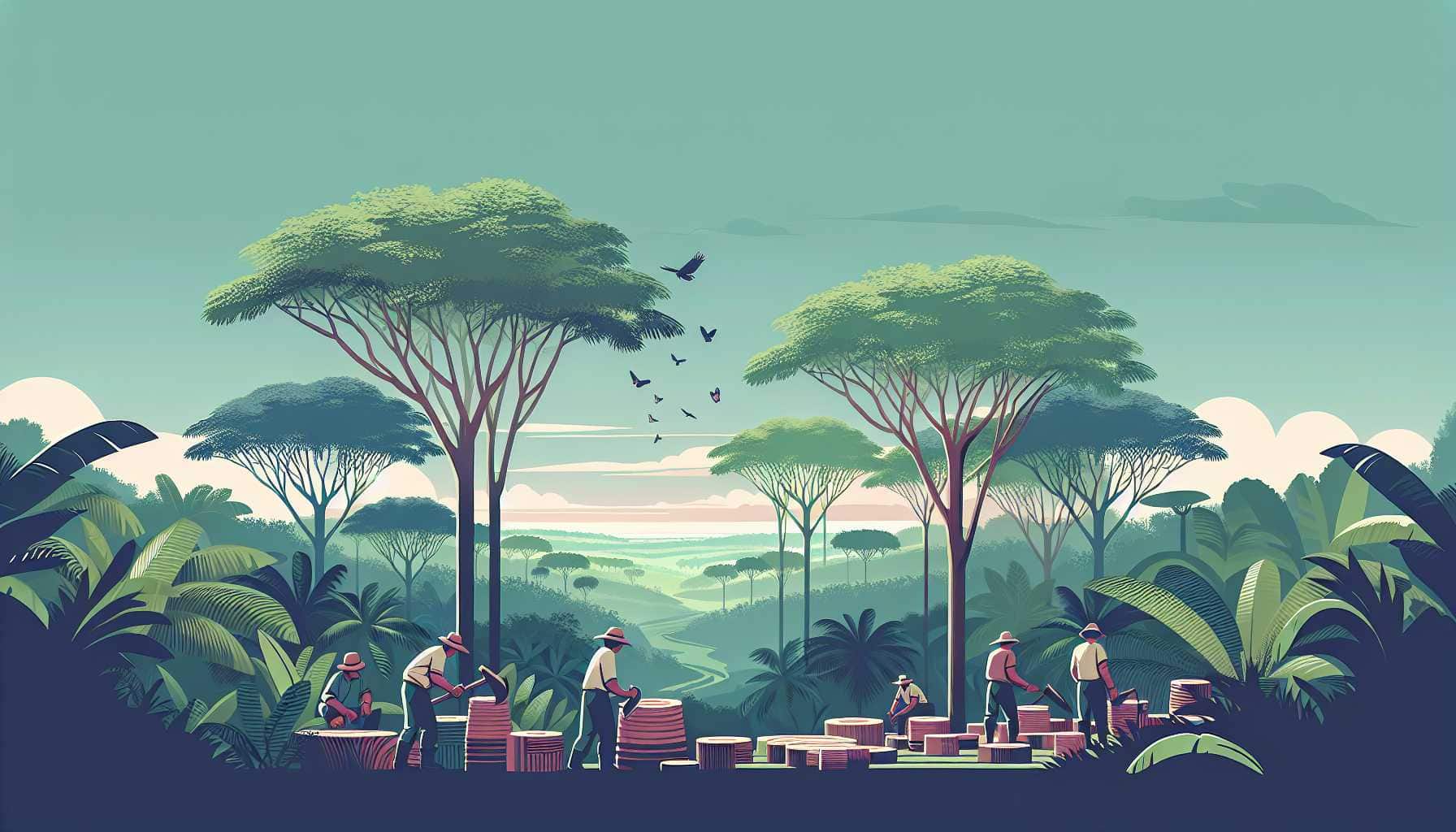 Illustration of Indigenous communities harvesting rubber