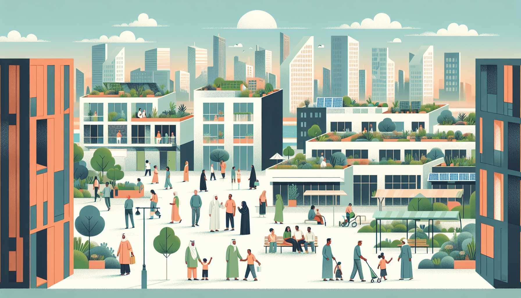 Illustration of diverse people in community housing
