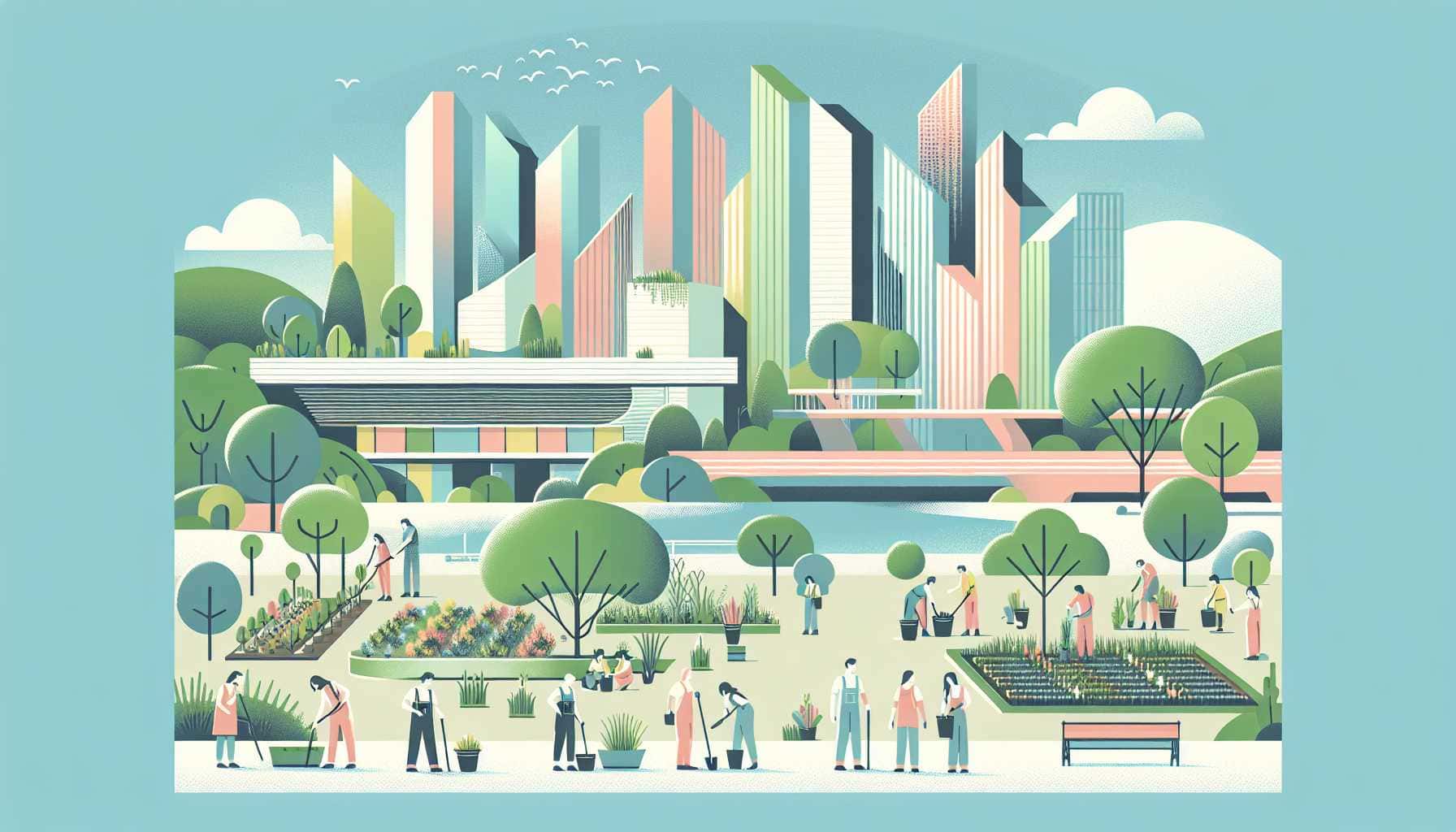 Illustration of a vibrant urban greening scene