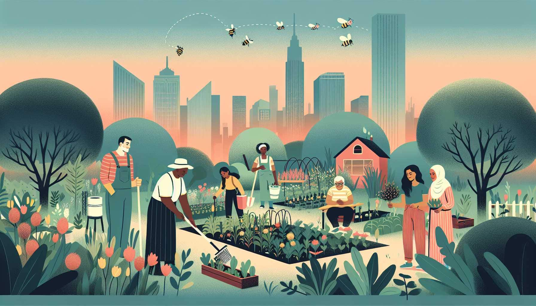 Illustration of community gardeners transforming urban spaces