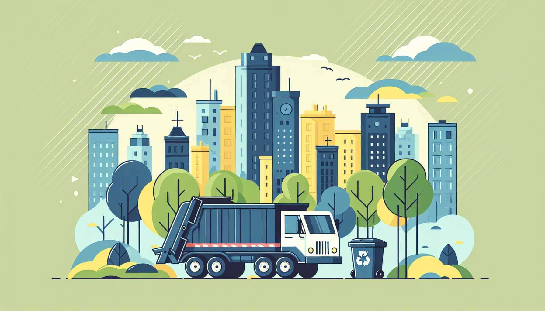 Illustration of garbage truck and automated trash bin