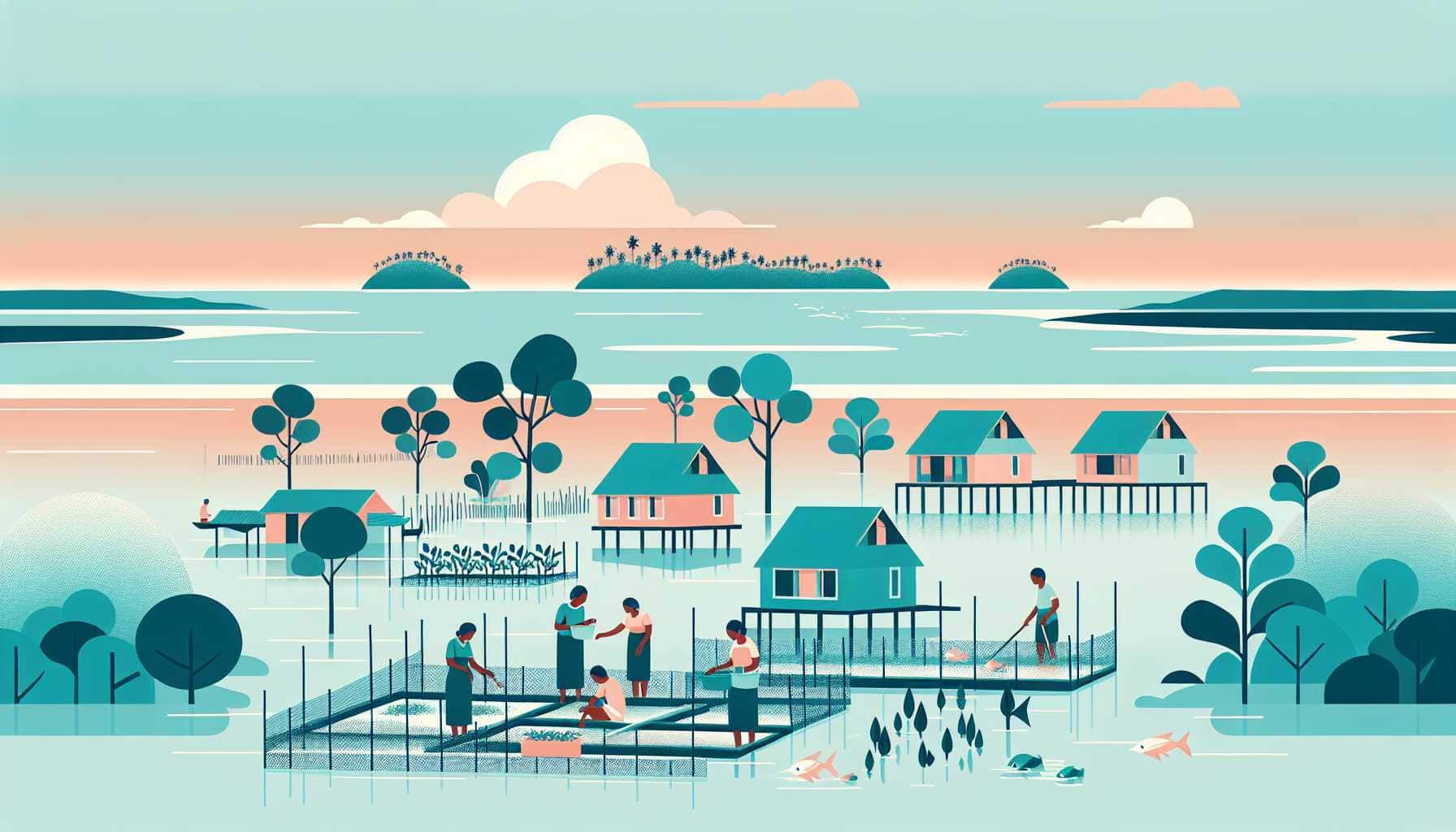 Illustration of women in Fijian village