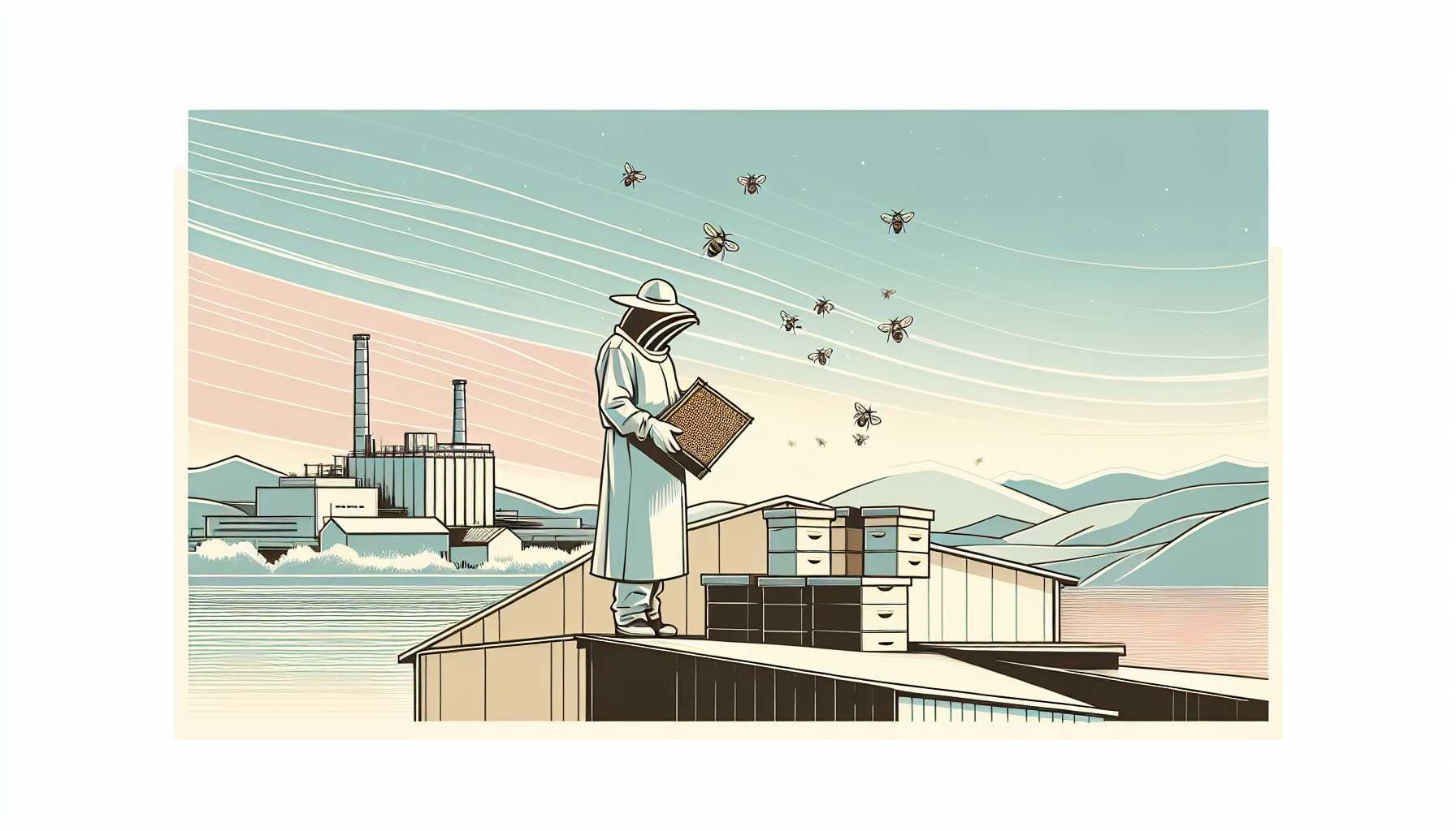 Illustration of beekeeper handling bees