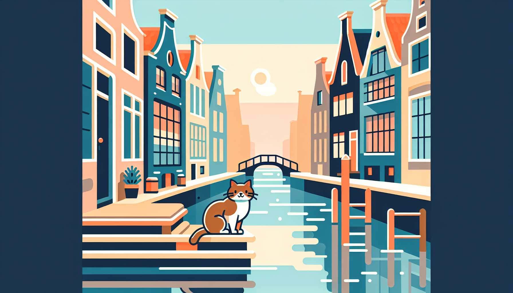 Illustration of a cat near a canal