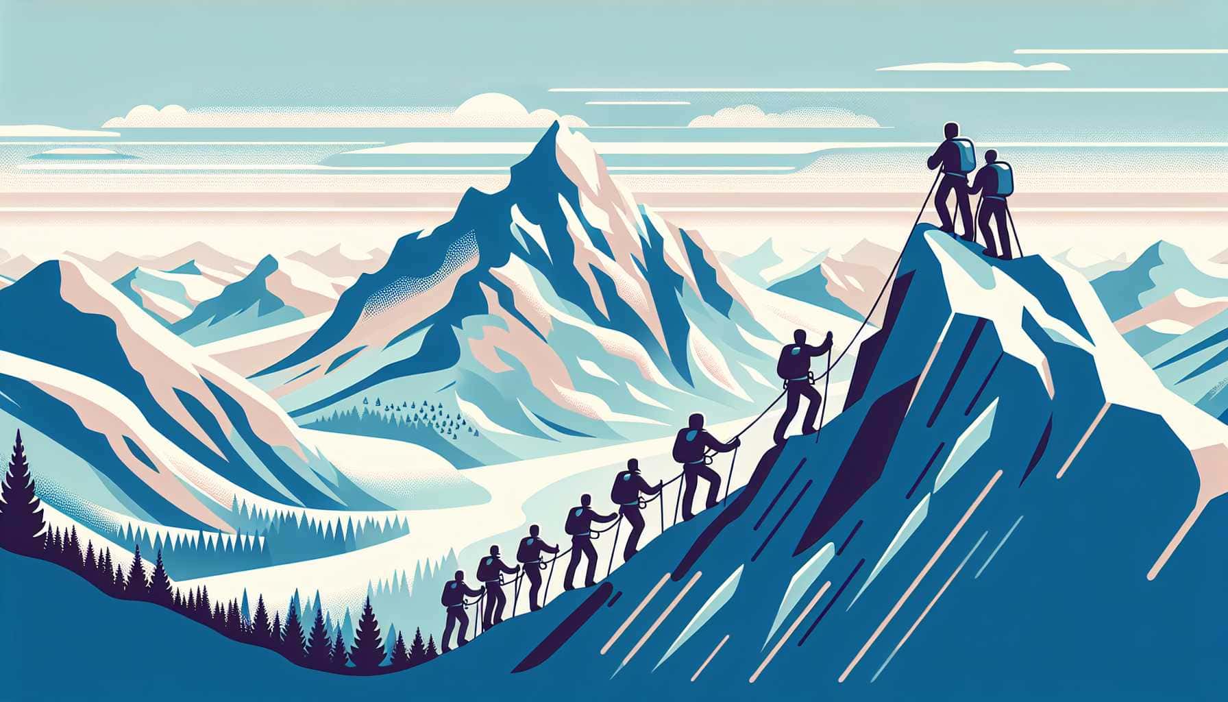 Illustration of diverse climbers on mountain
