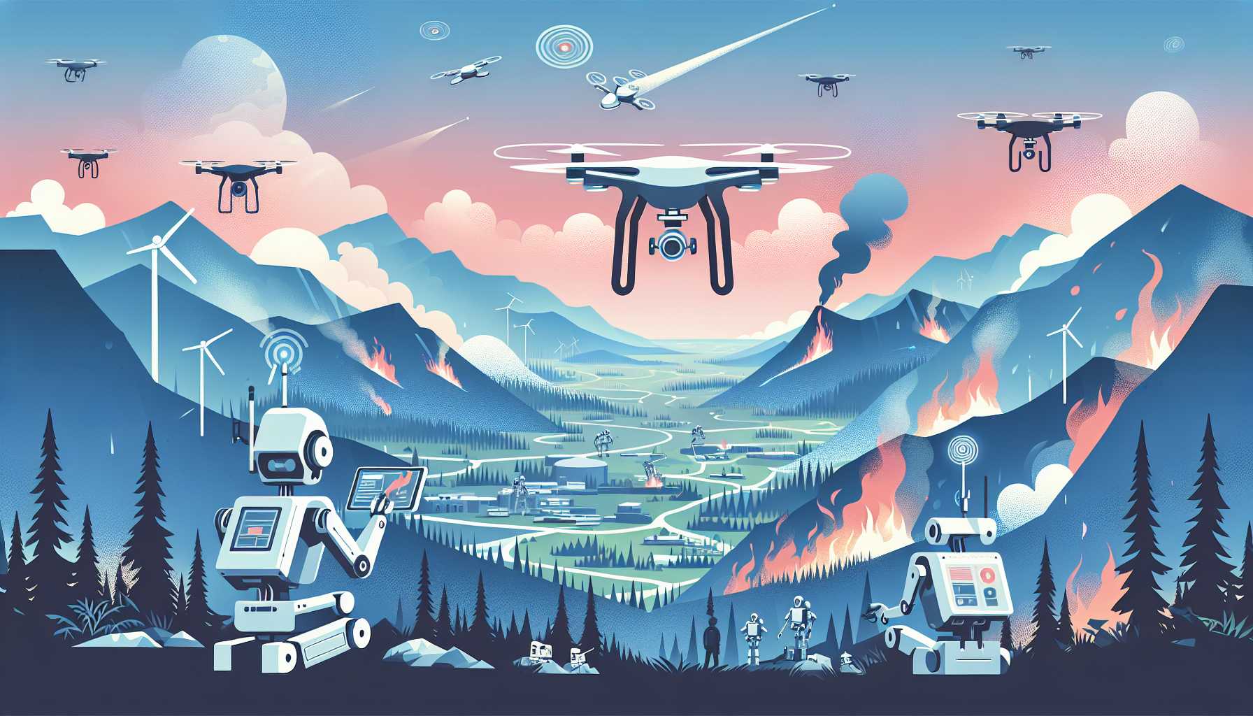 Illustration of drone swarms aiding in wildfire management