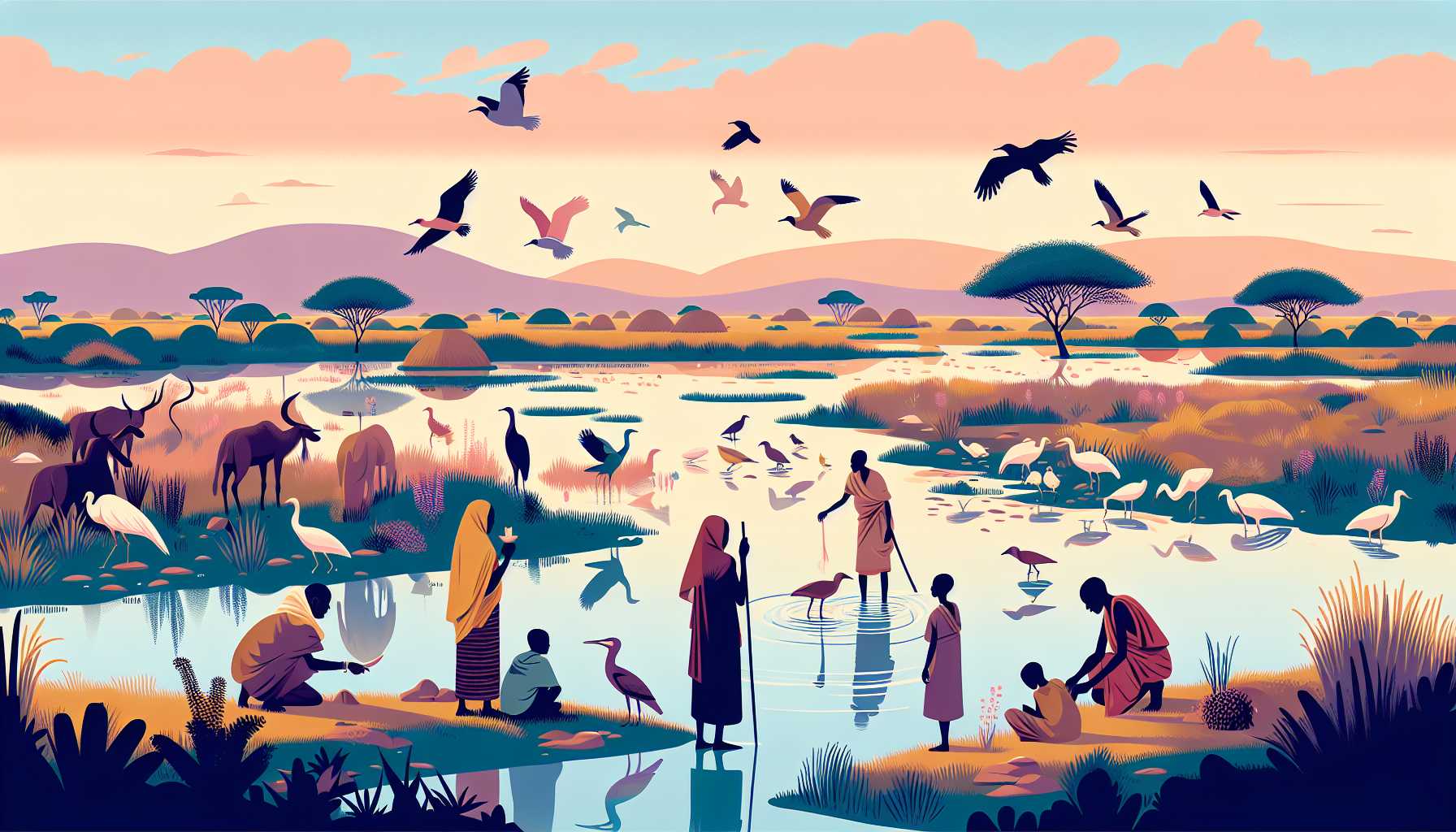 Illustration of Nuer people with birds