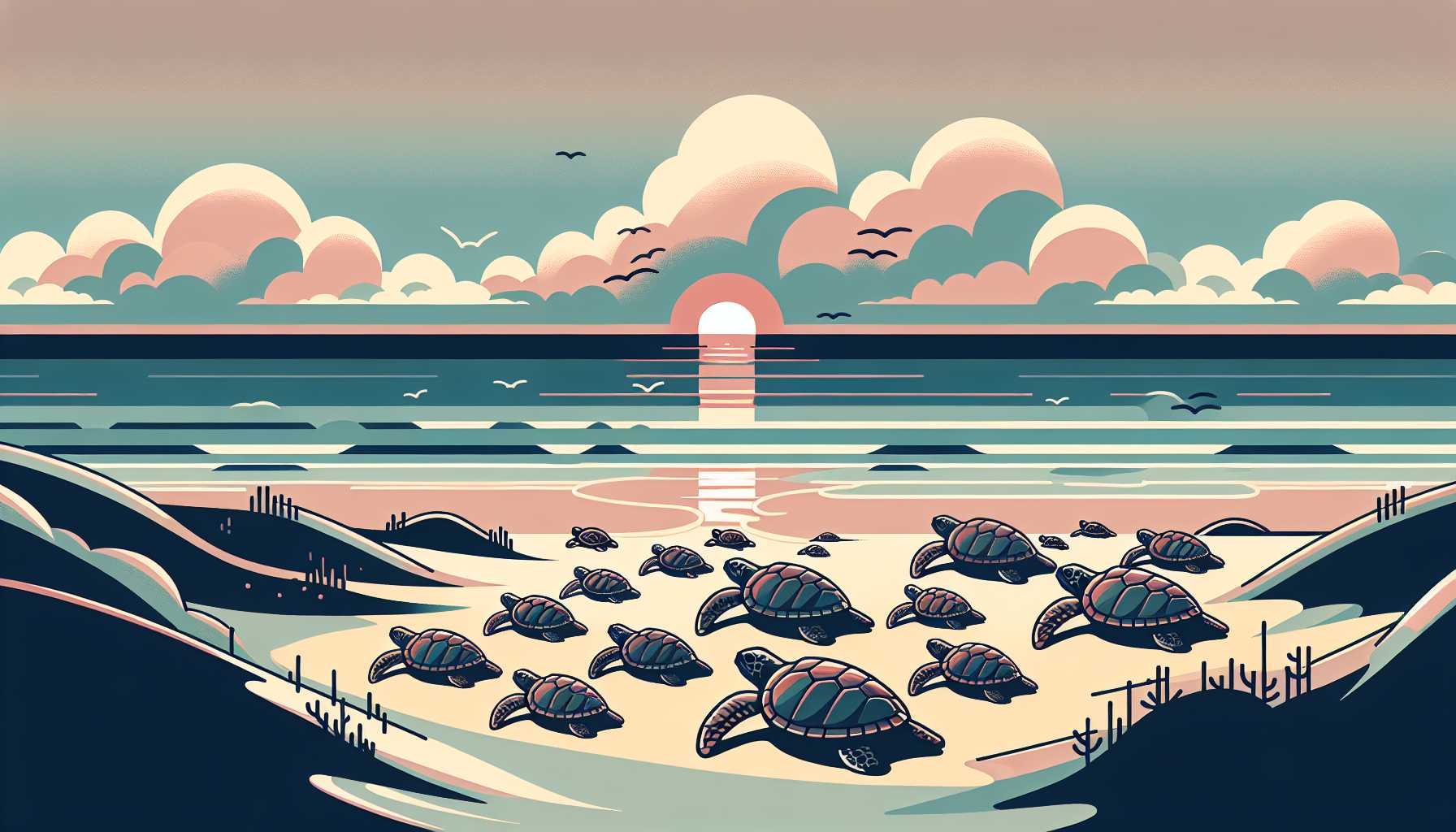 Illustration of sea turtles on beach