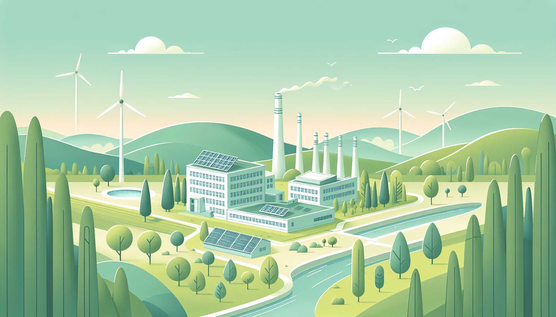 Illustration of a modern factory in harmony with nature