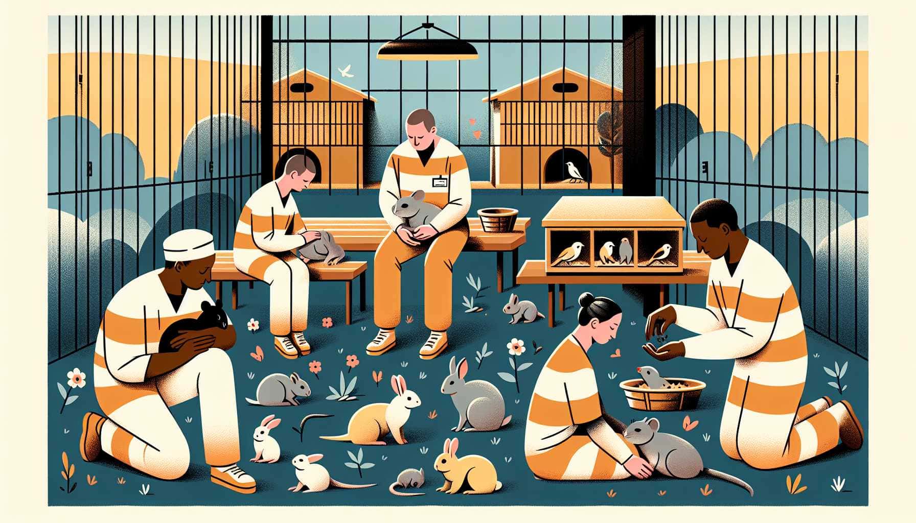 Illustration of inmates caring for animals