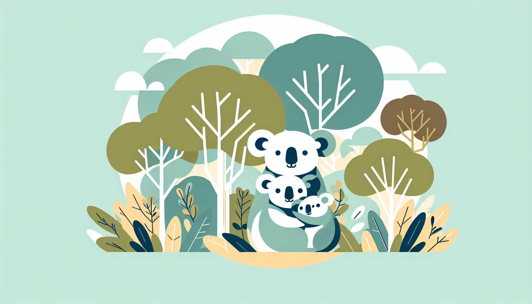 Illustration of koalas surrounded by trees