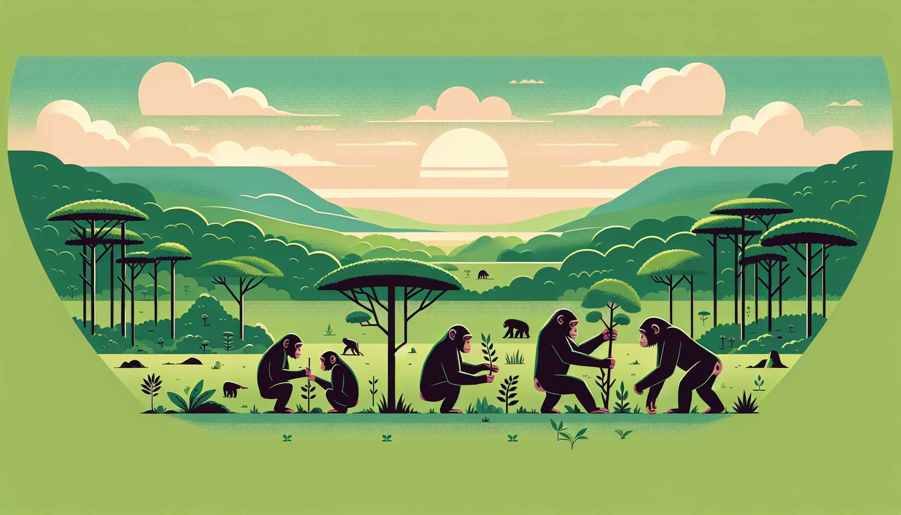 Illustration of chimpanzees in a serene landscape