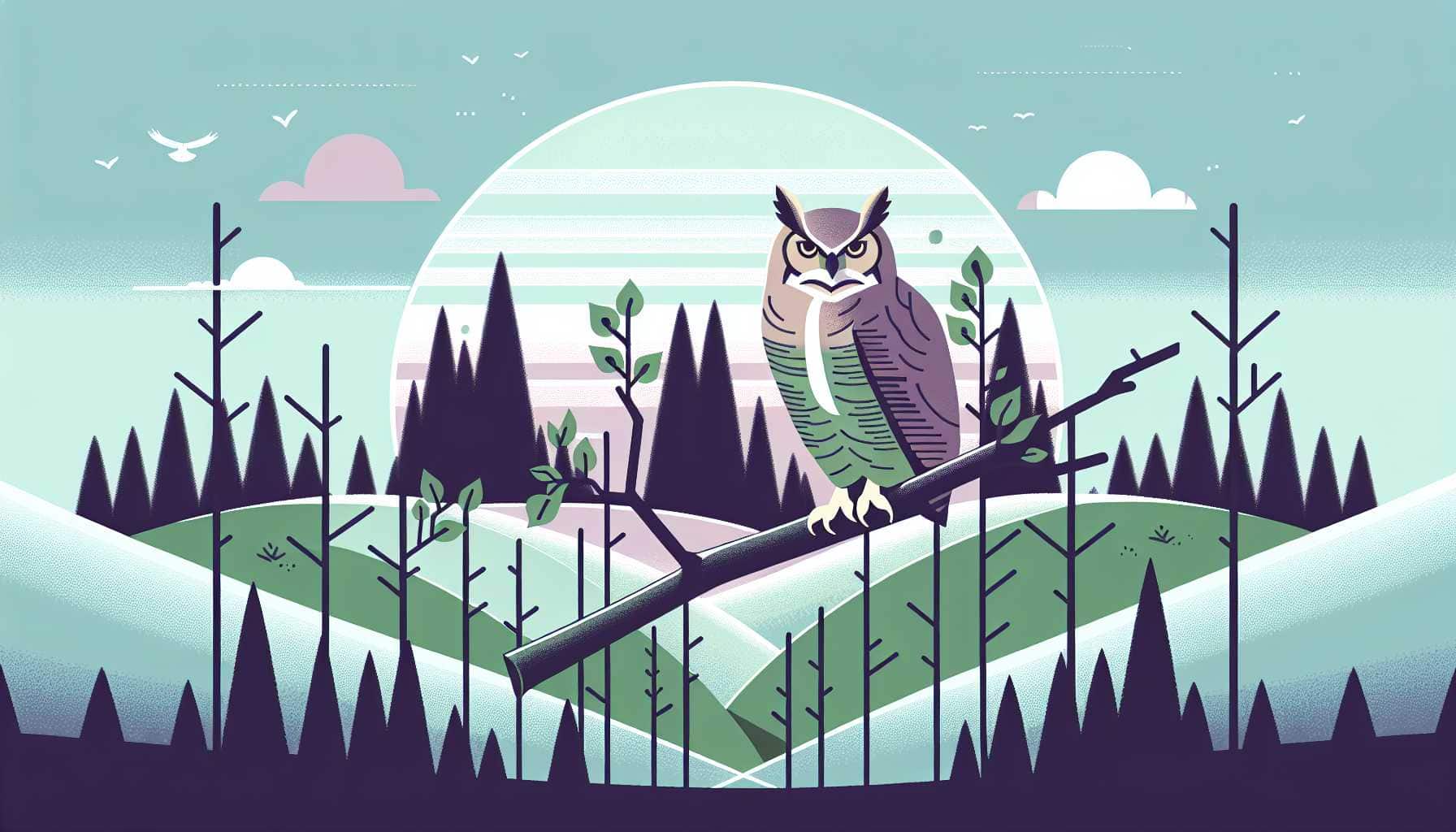Illustration of a great horned owl perched on a branch
