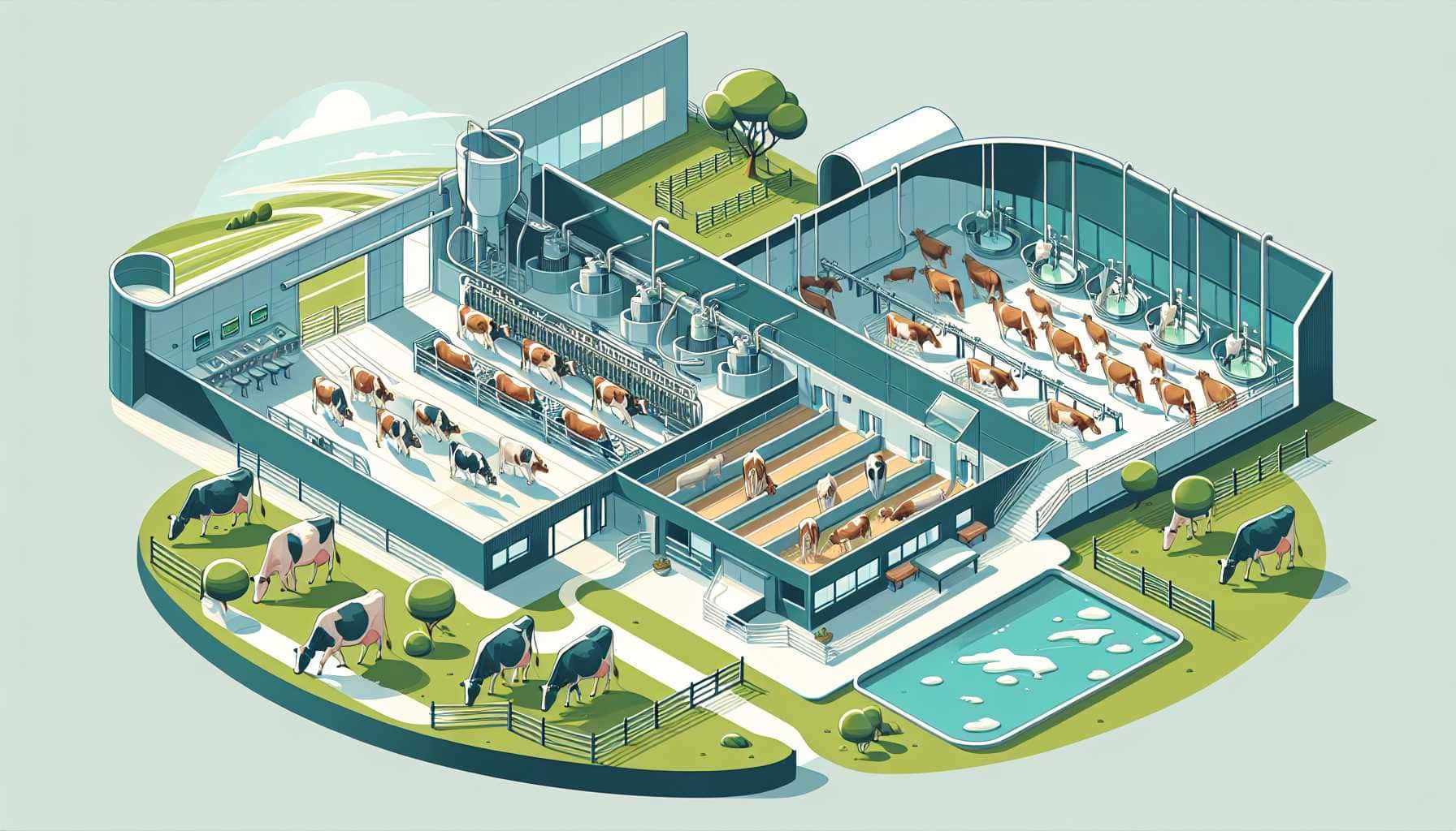 Illustration of cows in barn and pasture