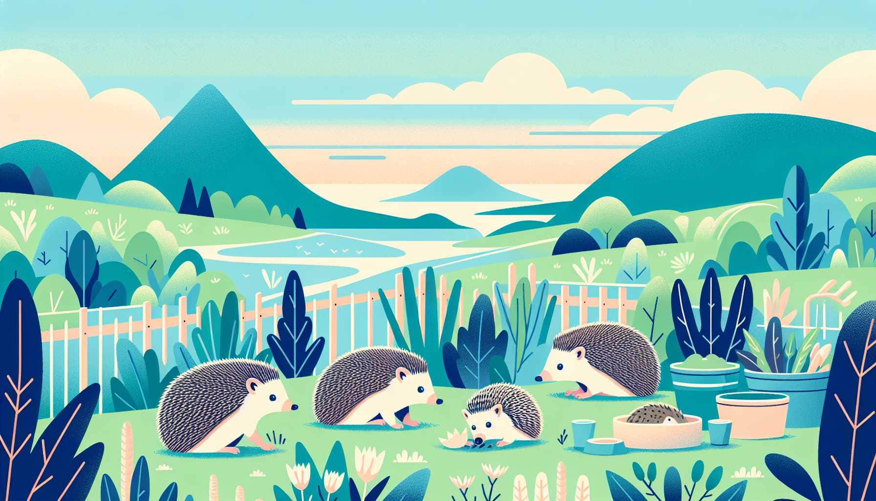 Illustration of hedgehogs in garden