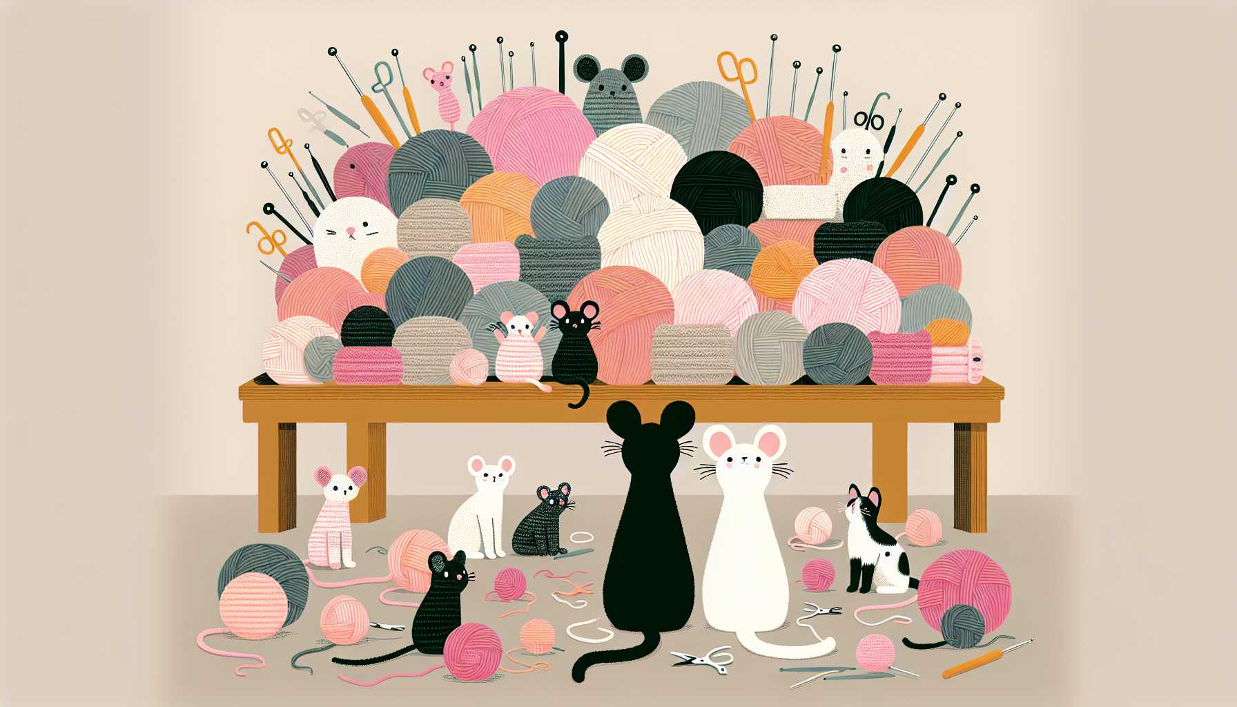 Illustration of knitted mice toys