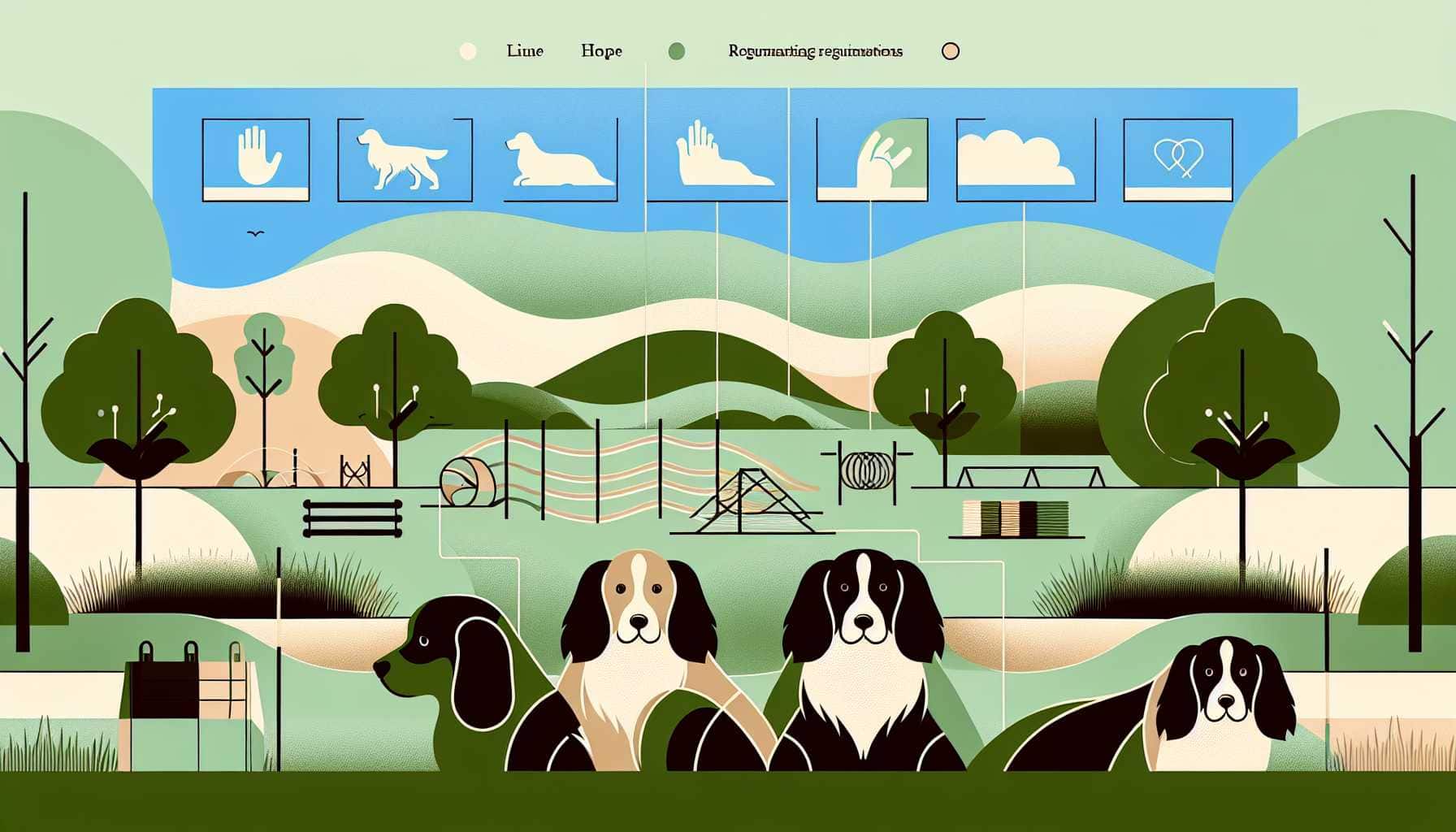 Illustration of four trained spaniels