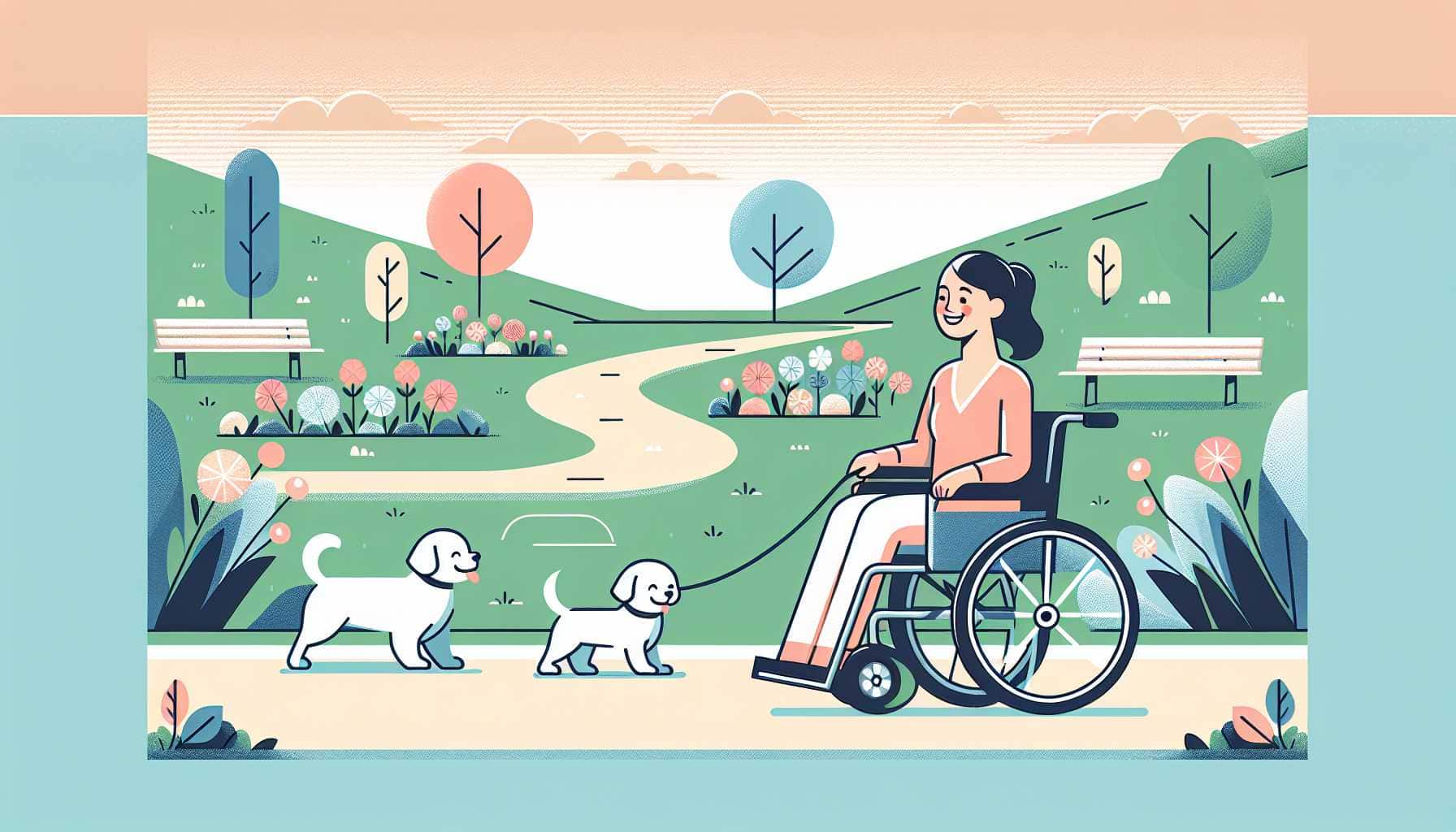 Illustration of woman in wheelchair walking dog