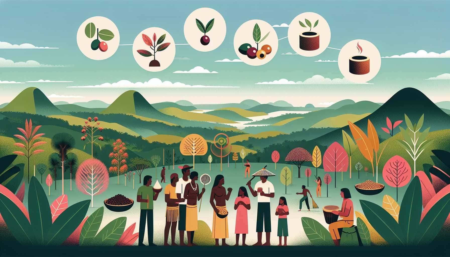 Illustration of Indigenous community engaged in sustainable harvesting