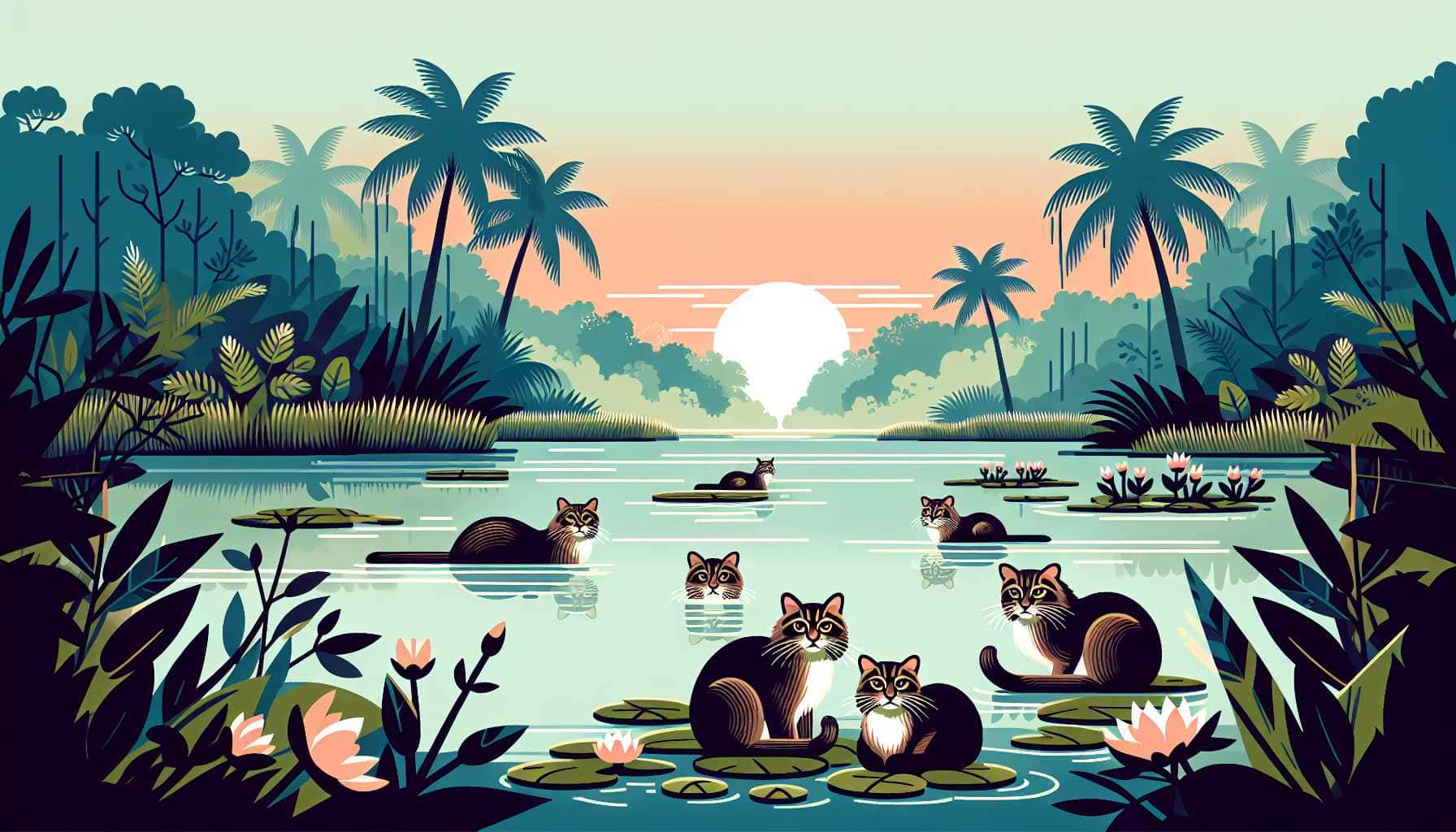 Illustration of fishing cats in wetland