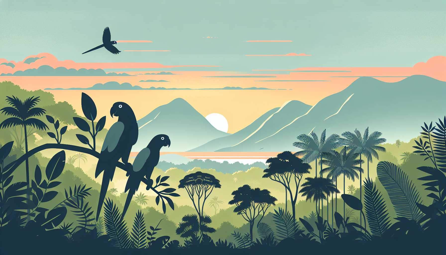 Illustration of a flock of African gray parrots