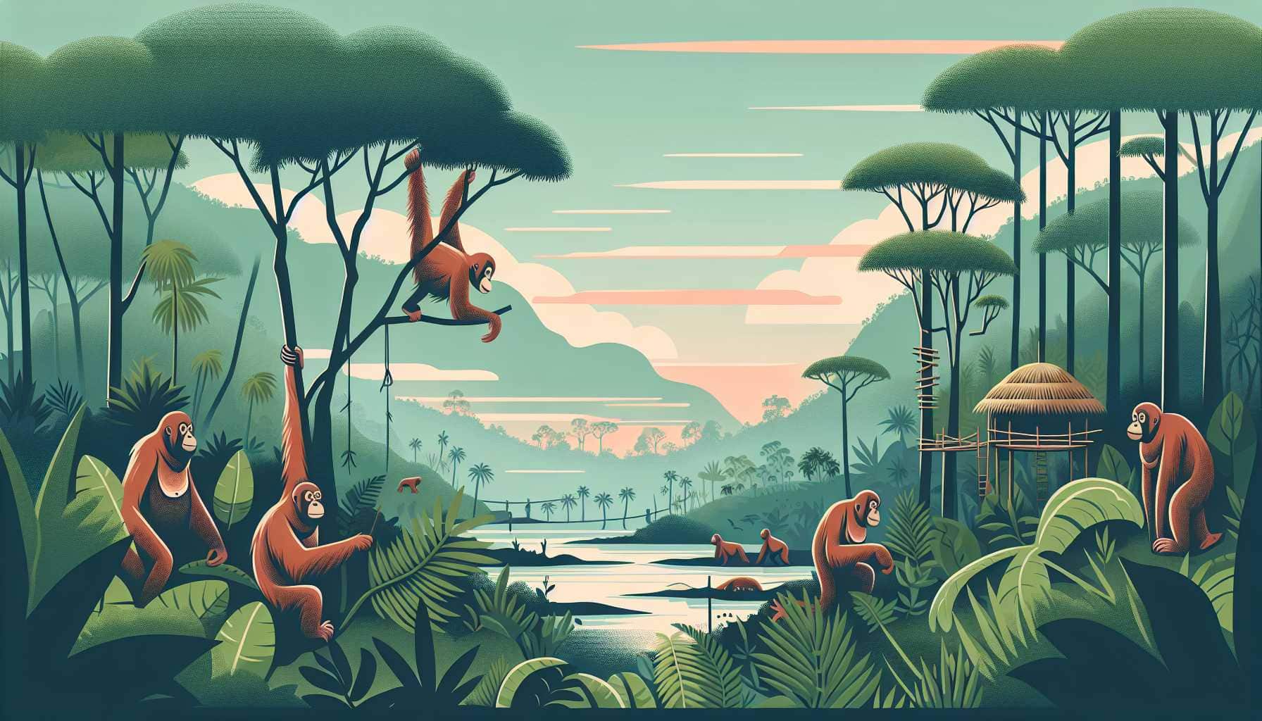 Illustration of orangutans learning survival skills