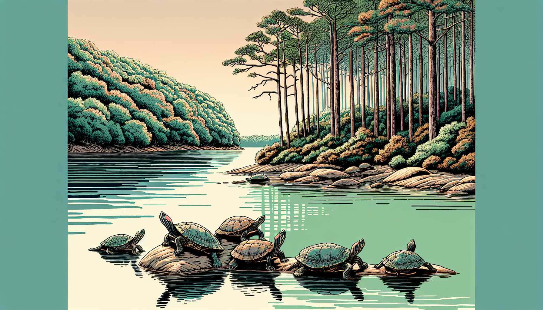 Illustration of rare turtles basking