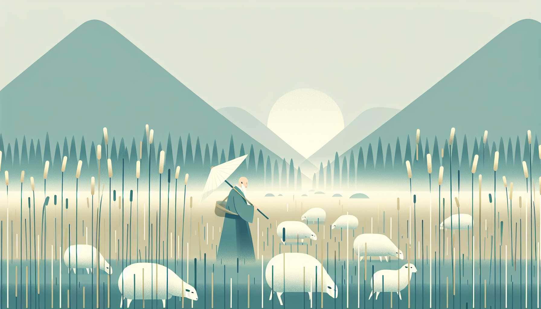 Illustration of sheep in a foggy landscape