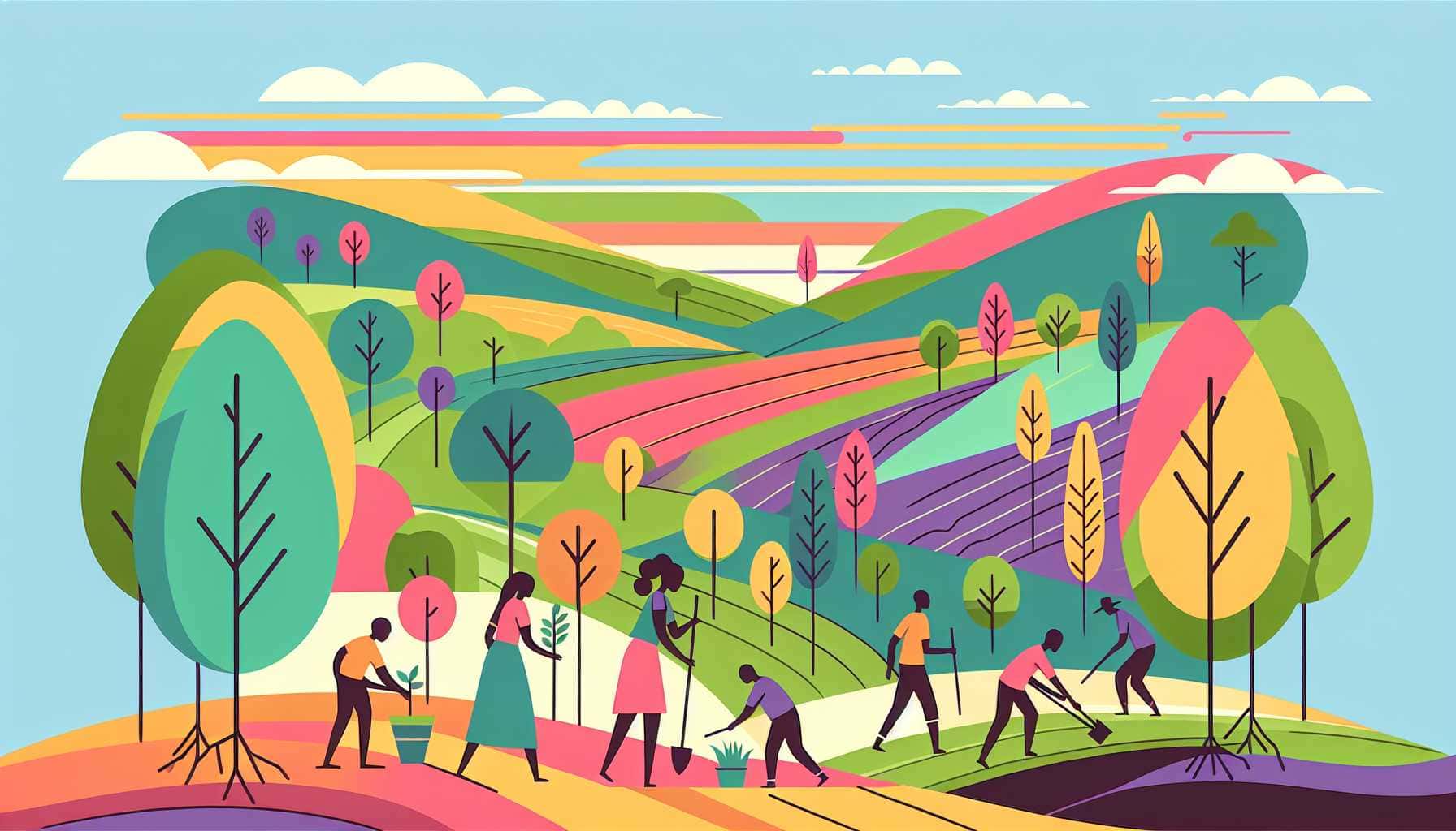 Illustration of farmers planting trees