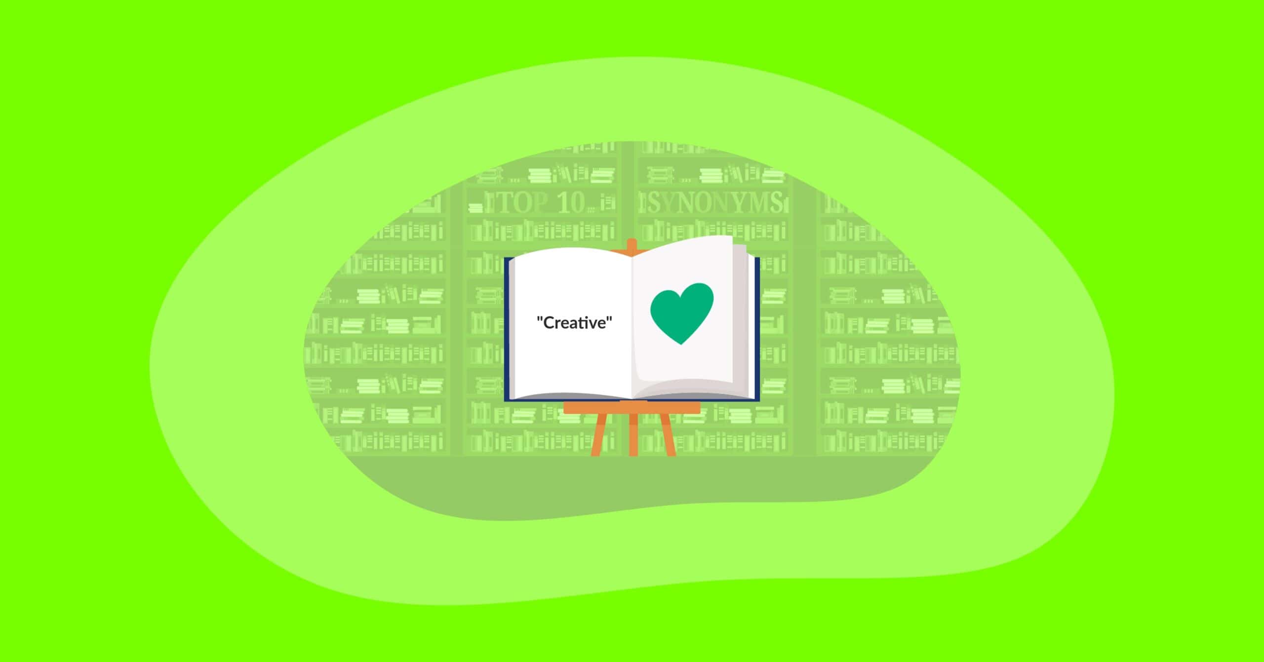 Illustration of a open dictionary in a library, showing the word "Creative" on one page and a green heart on the other