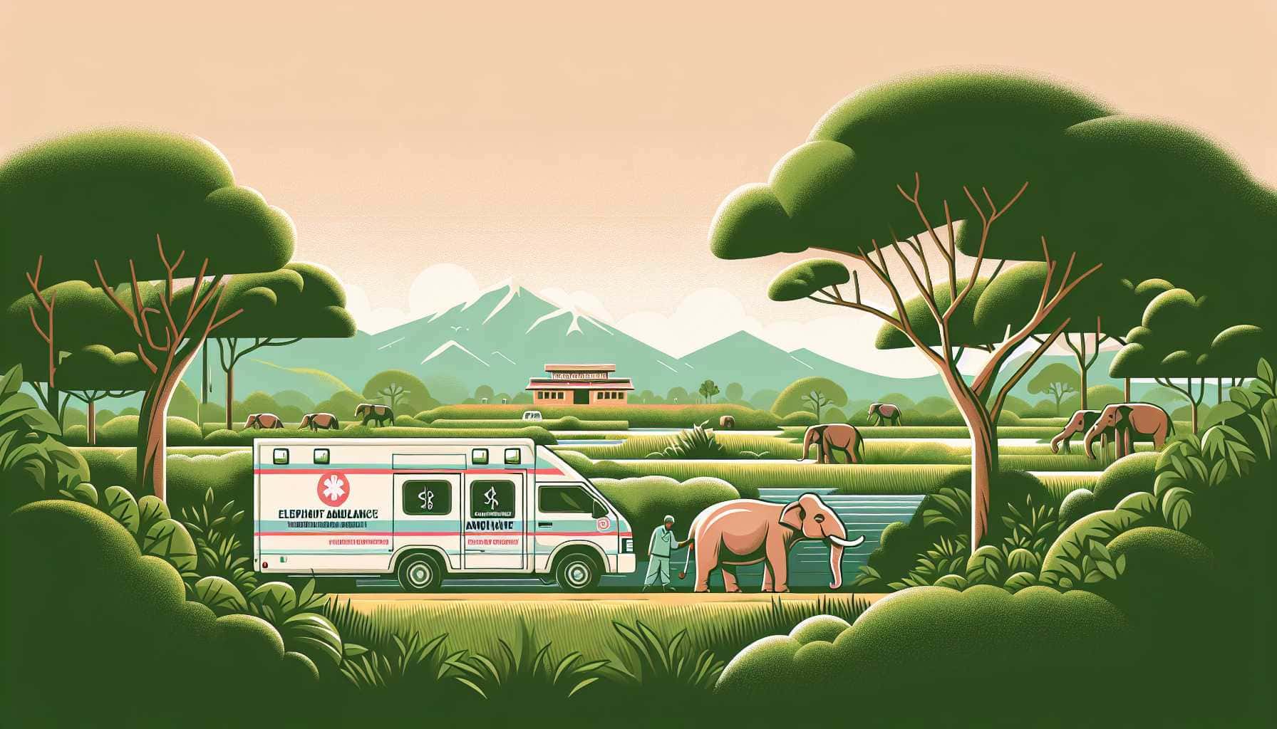 Illustration of elephant ambulance aiding rescued elephant