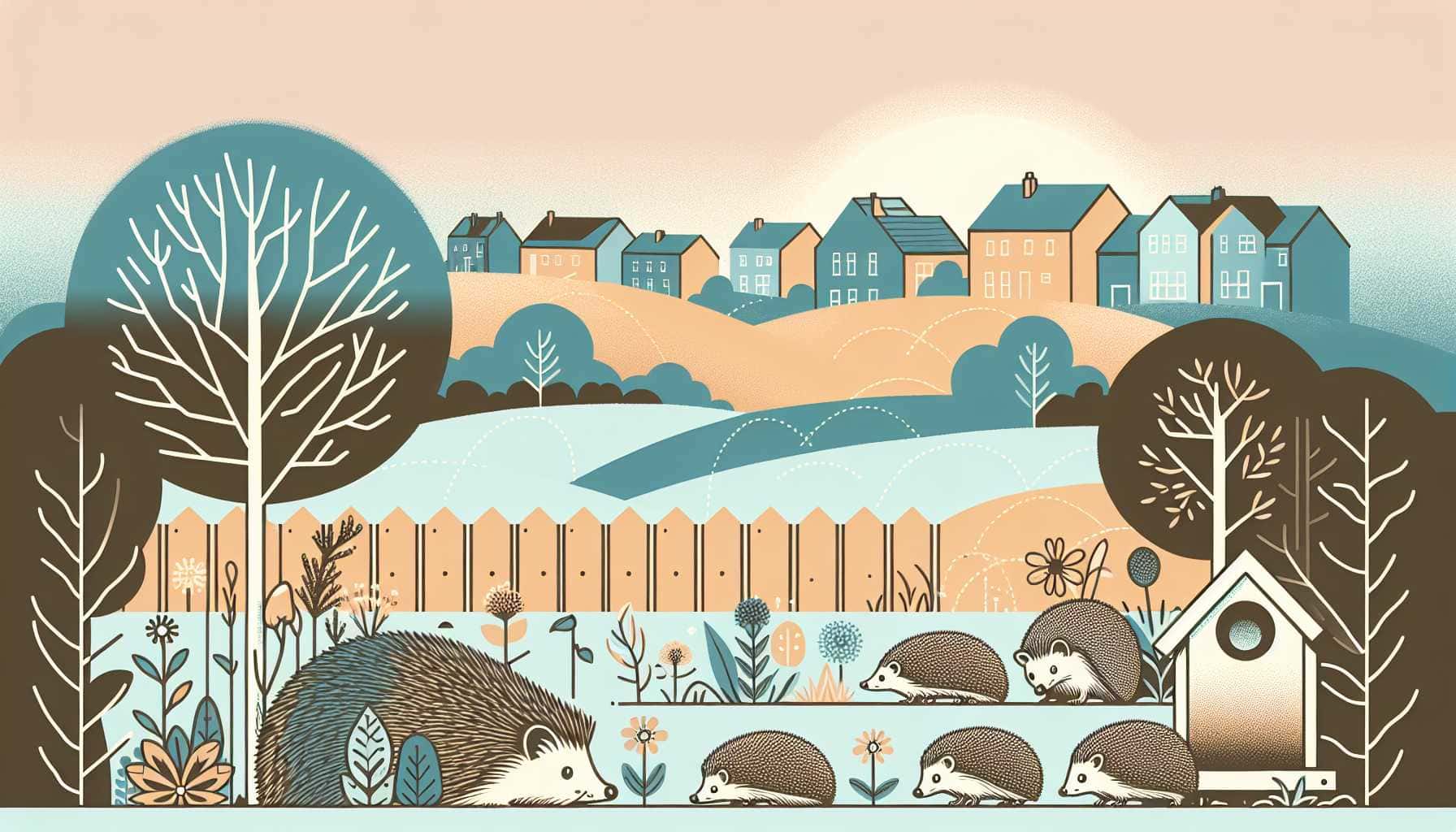 Illustration of hedgehogs in garden