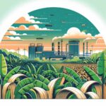 Illustration of banana plants and processing facility