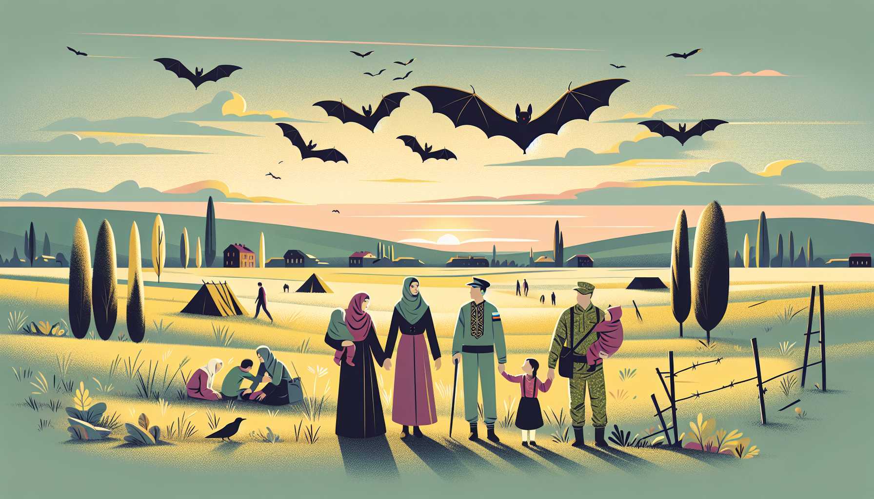Illustration of bats flying over Kyiv