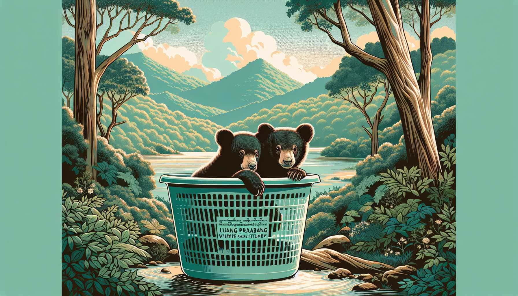 Illustration of bear cubs in basket