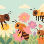 Illustration of honeybees in a garden