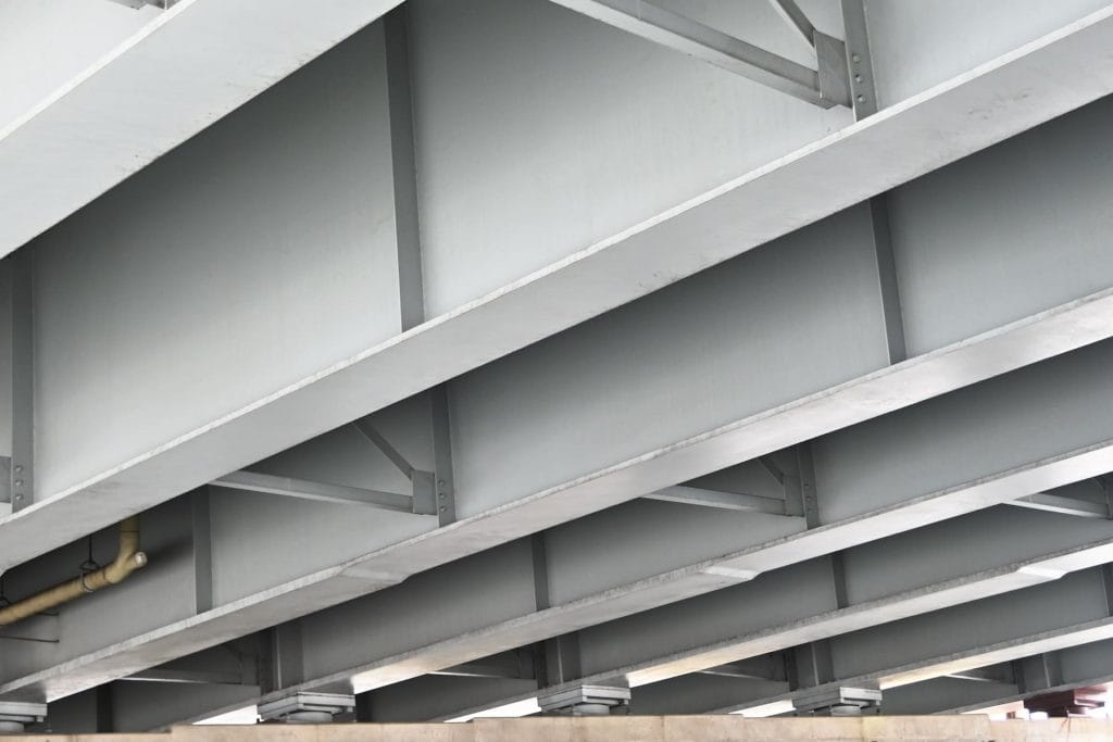 Support beams and framework of a steel building.