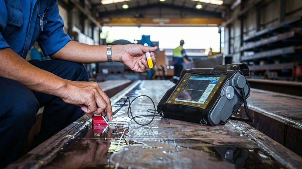 Technician performing industrial inspection with electronic testing device in a factory setting.