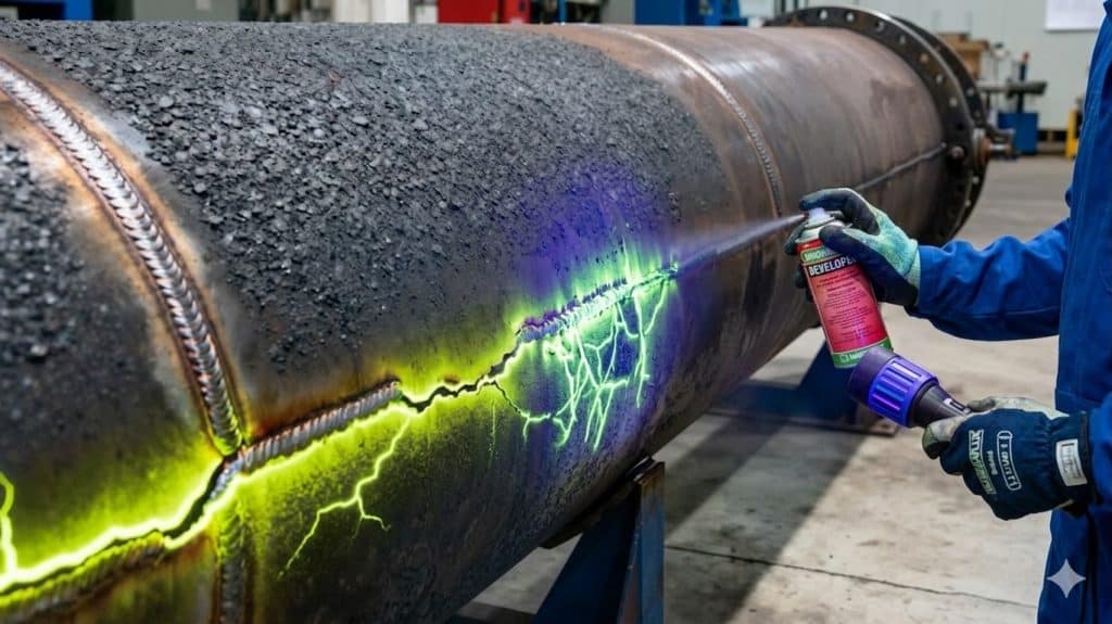Technician applying dye penetrant to detect surface cracks on a large metal pipe.
