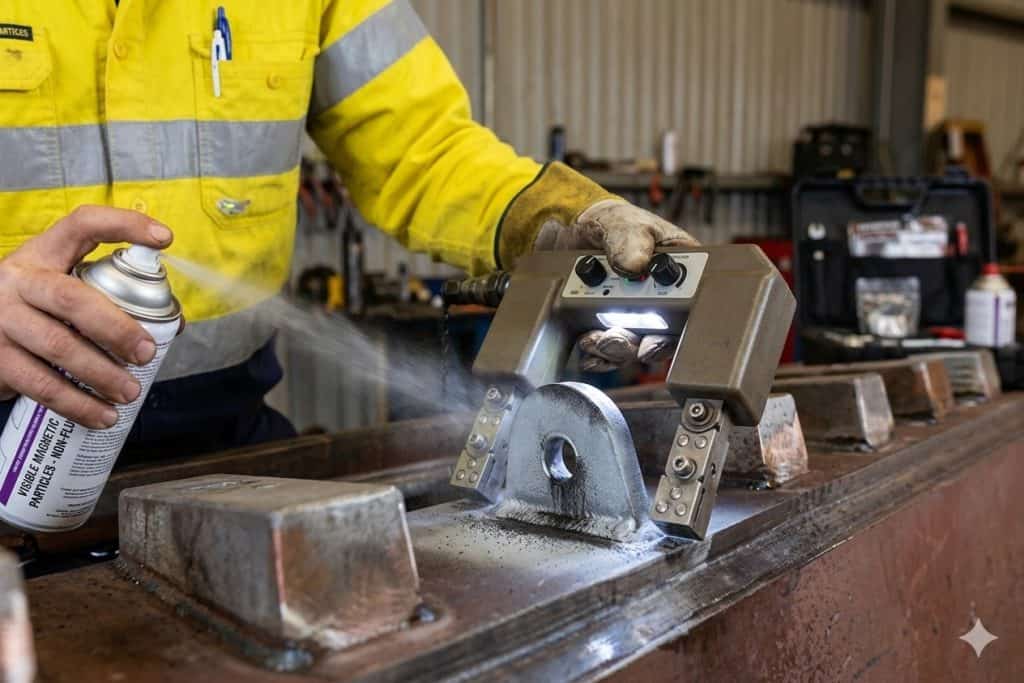 Technician performing magnetic particle testing on metal surface with equipment and spray in worksho.