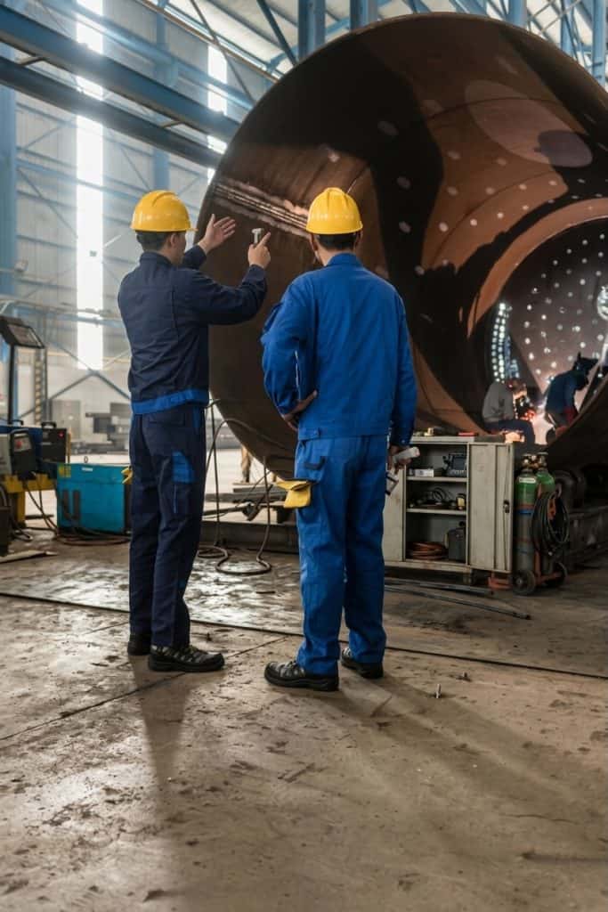 Two inspectors in safety gear conducting welding inspection on large industrial pipe.