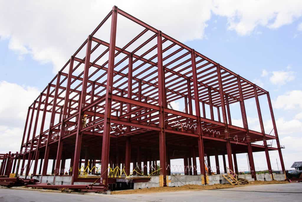 Steel building framework for industrial and commercial projects.